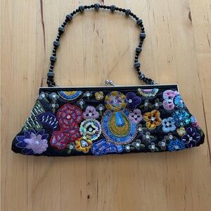 Embroidered Floral Clutch with Beaded Handle